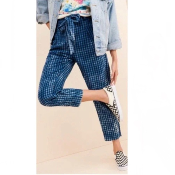 Anthropologie Maeve Avryl Bleached Slim Blue Checkered Plaid Pants - Picture 3 of 8